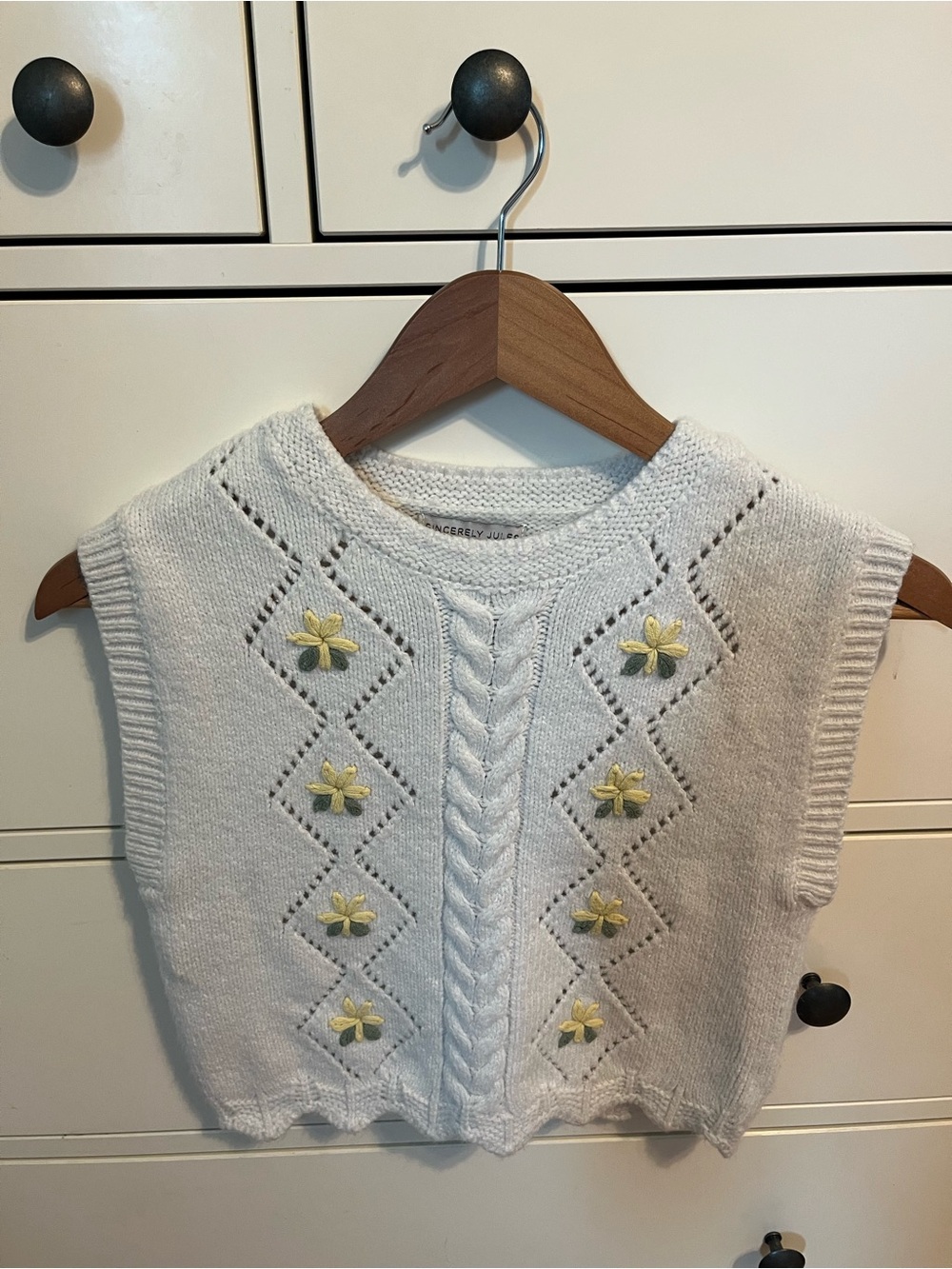 Sincerely Jules Cream Cable Knit Sleeveless Vest with Yellow Flower Embroidery